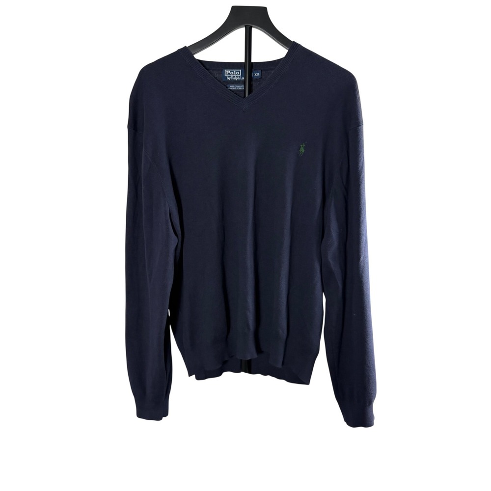 Polo Ralph Lauren Mens XXL Navy Blue 100% Pima Cotton V-Neck Sweater Pony Logo